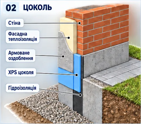 Розріз цоколя: стіна, фасадна теплоізоляція, армоване оздоблення, XPS цоколя, гідроізоляція