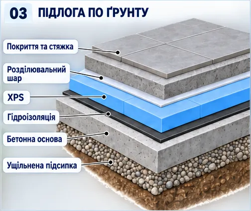 Розріз підлоги по ґрунту: покриття та стяжка, розділювальний шар, XPS, гідроізоляція, бетонна основа, ущільнена підсипка