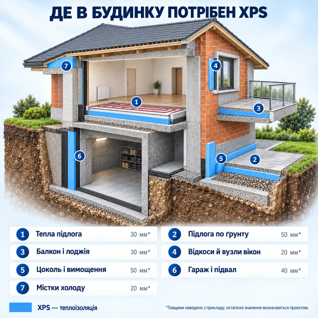 Розріз будинку з номерами місць, де застосовують XPS: тепла підлога, підлога по ґрунту, балкон, відкоси, цоколь і вимощення, гараж і підвал, містки холоду